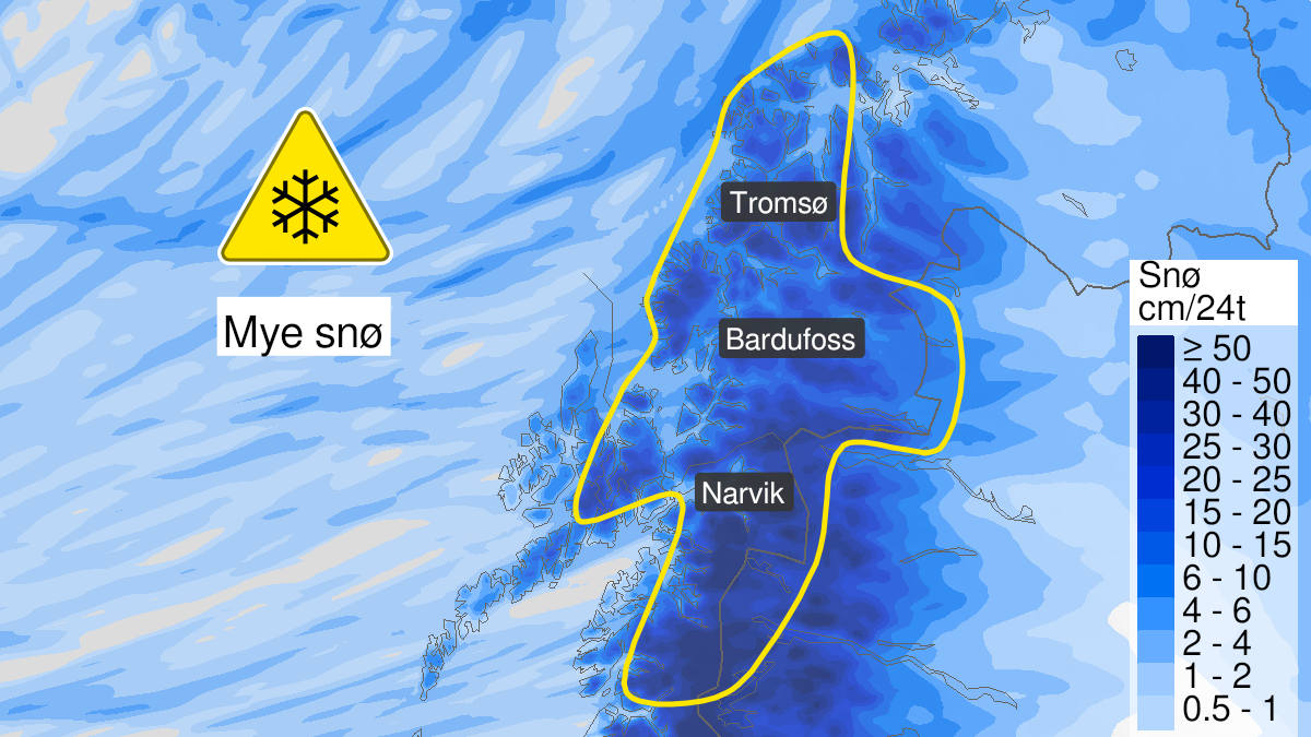 Kart over Snø, gult nivå, deler av Troms, Ofoten og Nord-Salten, 2023-12-16T09:00:00+00:00, 2023-12-17T18:00:00+00:00