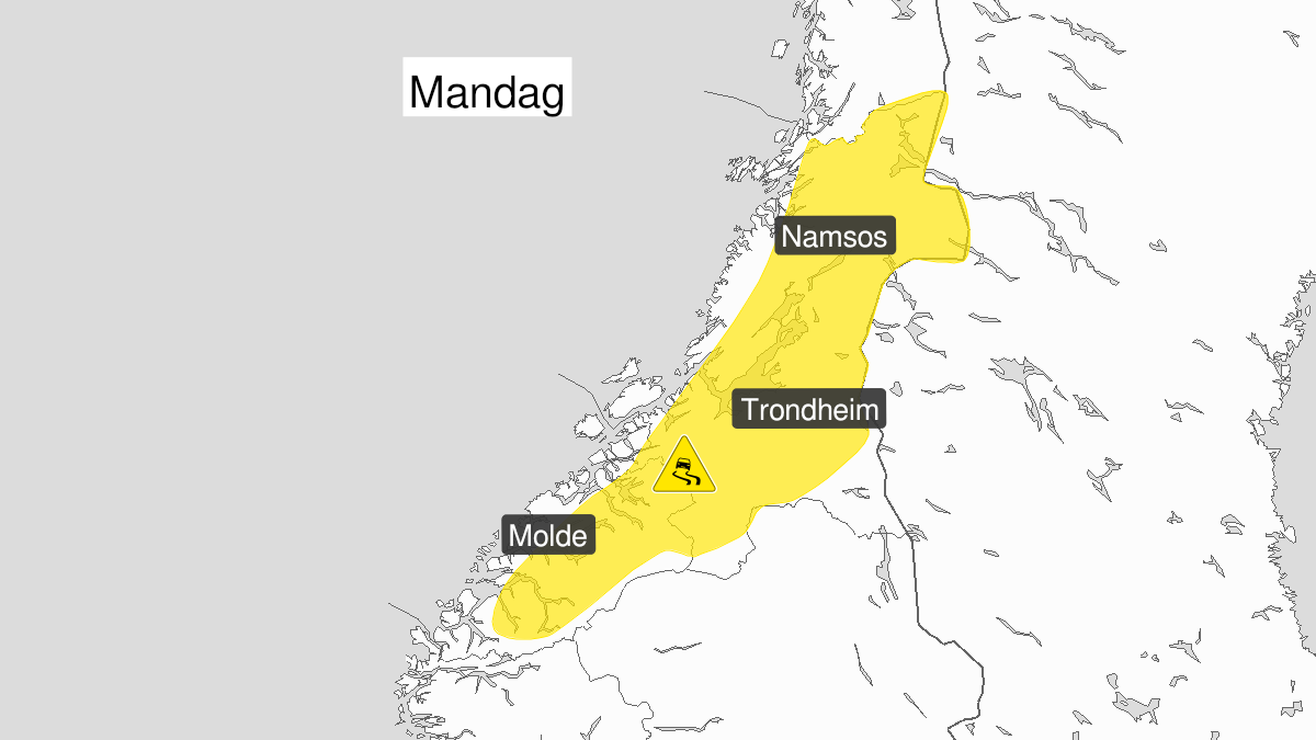 Kart over Is, gult nivå, Deler av Trøndelag og Møre og Romsdal, 2023-01-23T02:00:00+00:00, 2023-01-23T22:00:00+00:00