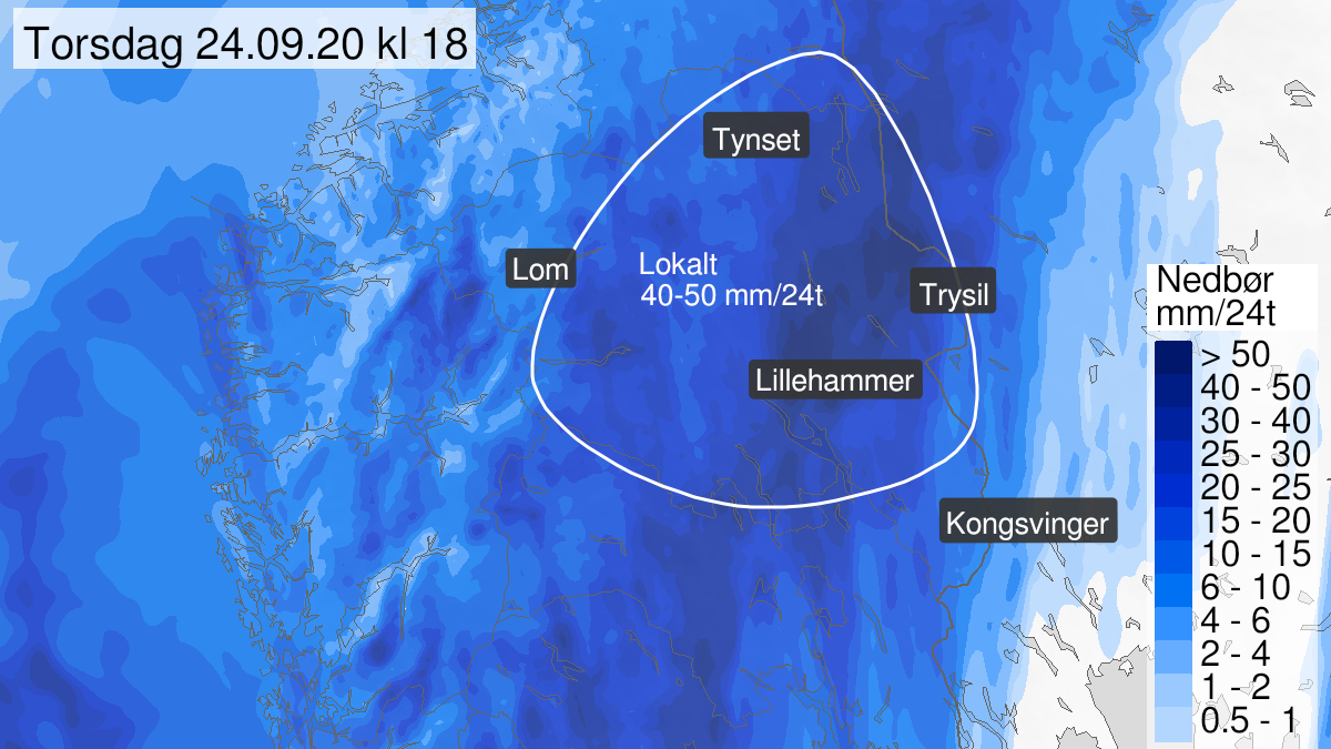 Kart over mye regn, gult nivå, Innlandet fylke, 23 September 22:00 UTC til 24 September 18:00 UTC.
