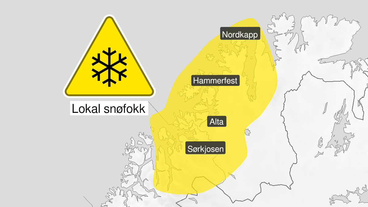 Kart over Kraftig snøfokk, gult nivå, Troms og Vest-Finnmark, 2024-04-07T17:00:00+00:00, 2024-04-08T16:00:00+00:00