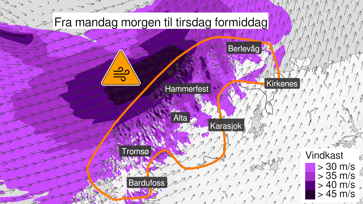 Kart over Svært kraftige vindkast, oransje nivå, Troms og Finnmark, 2024-01-29T04:00:00+00:00, 2024-01-30T06:00:00+00:00