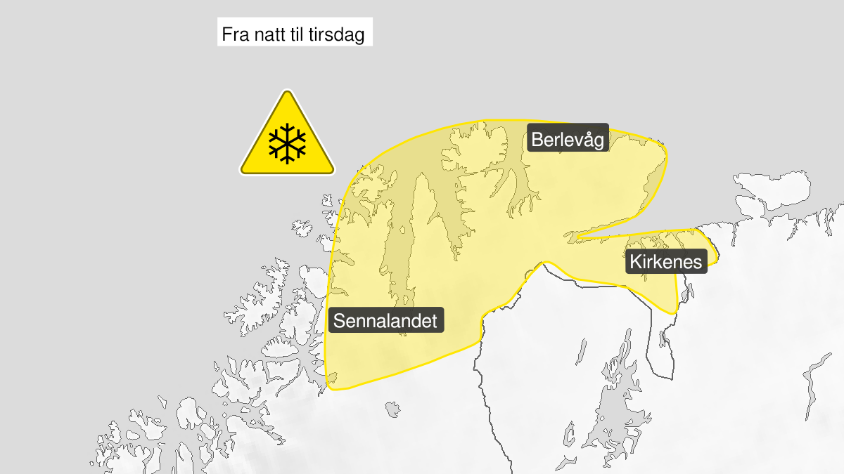 Map of blowing snow, yellow level, Kyst- and fjordstroekene i Finnmark, 12 April 03:00 UTC to 12 April 18:00 UTC.