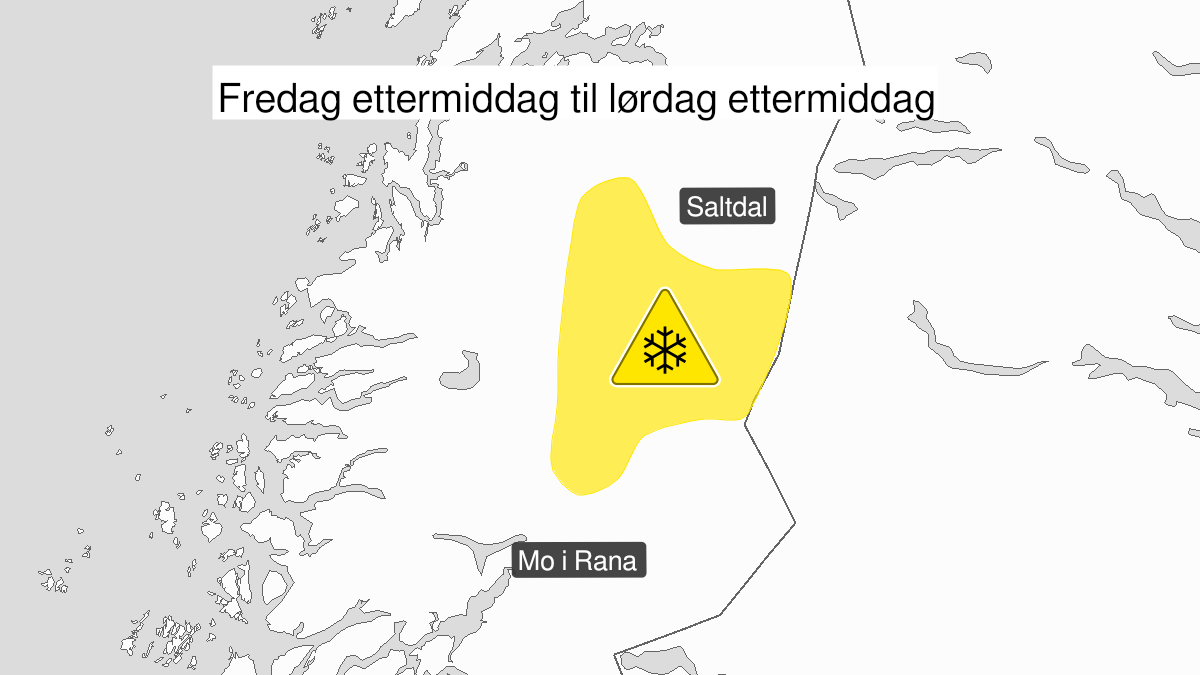 Map of blowing snow, yellow level, Saltfjellet, 25 March 13:00 UTC to 26 March 07:00 UTC.