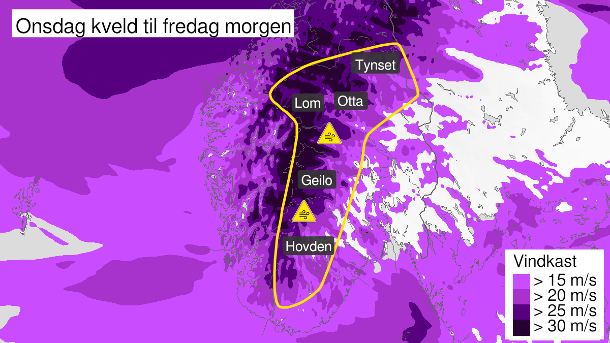 Map of strong wind gusts, yellow level, Innlandet fylke, Buskerud, Vestfold and Telemark and Agder, 12 January 18:00 UTC to 14 January 07:00 UTC.