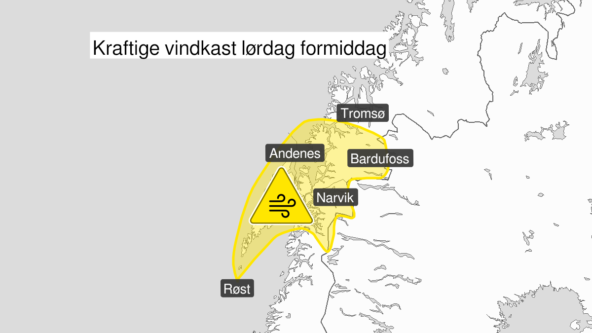 Kart over kraftige vindkast, gult nivå, Ofoten, Lofoten, Vesterålen og Sør-Troms, 07 May 07:00 UTC til 07 May 12:00 UTC.