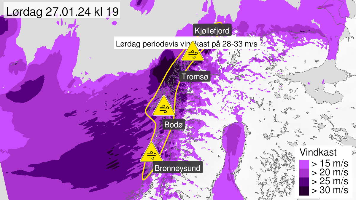 Kart over Kraftige vindkast, gult nivå, Nord-Trøndelag, Nordland, Troms og Vest-Finnmark, 2024-01-27T12:00:00+00:00, 2024-01-28T03:00:00+00:00