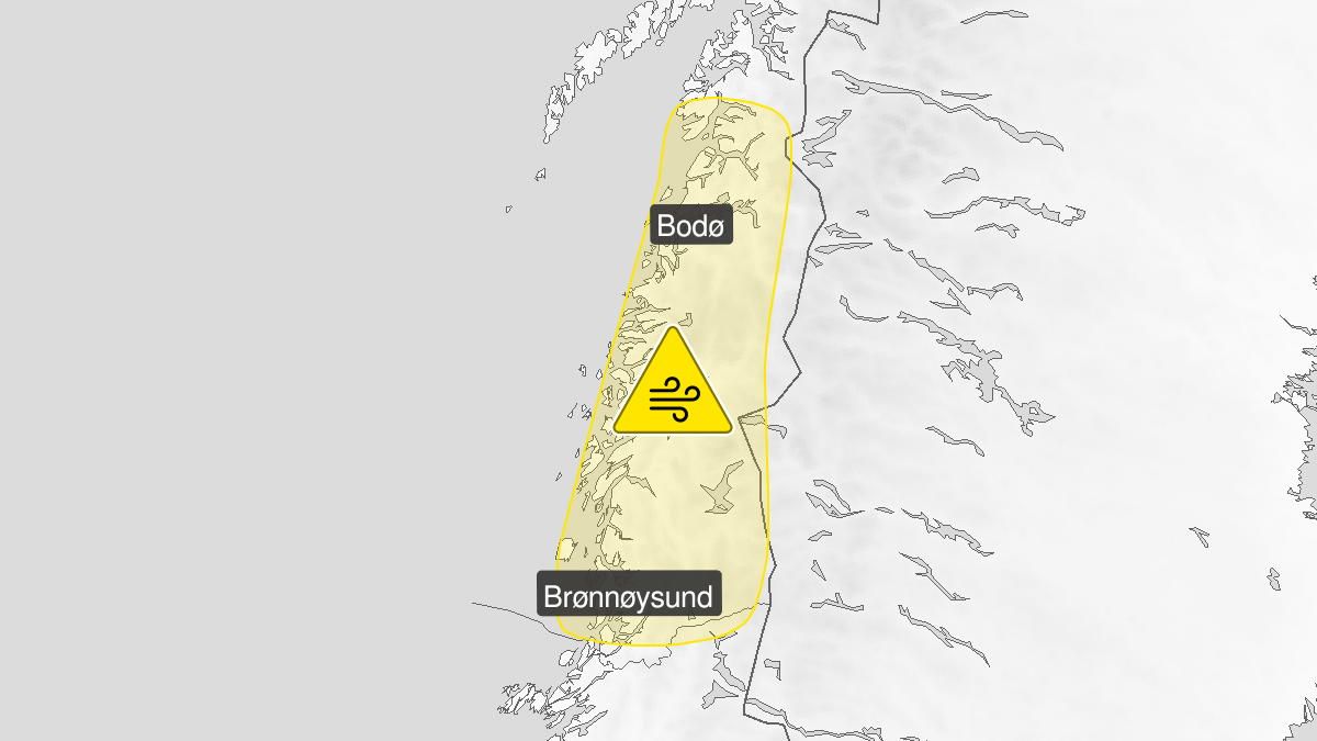 Map of strong wind gusts, yellow level, Helgeland, Saltfjellet and Salten, 13 January 16:00 UTC to 14 January 15:00 UTC.