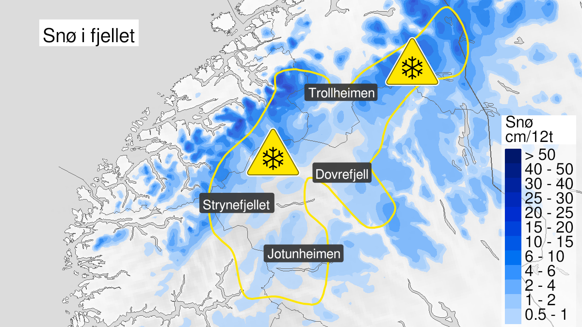 Kart over snø, gult nivå, Rondane og Fjellet i Sør-Norge unntatt Langfjella, 28 May 12:00 UTC til 29 May 08:00 UTC.