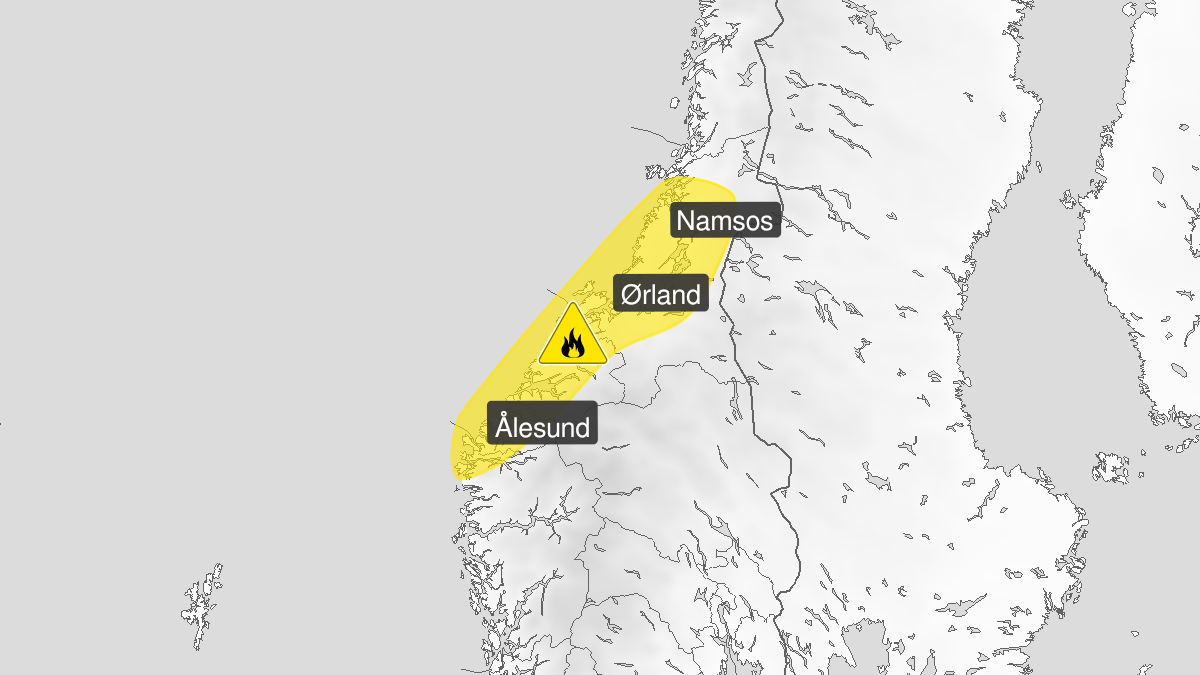 Map over Forest fire danger, yellow level, Parts of Møre og Romsdal and Trøndelag, 2024-05-16T00:00:00+00:00, 2024-05-18T22:00:00+00:00