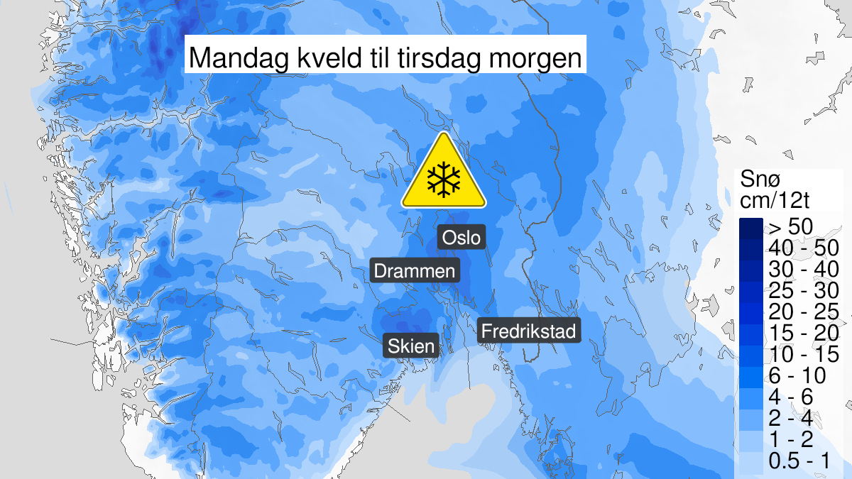 Kart over snø, gult nivå, Østfold, Oslo, Akershus, Buskerud og Vestfold, 29 November 21:00 UTC til 30 November 09:00 UTC.