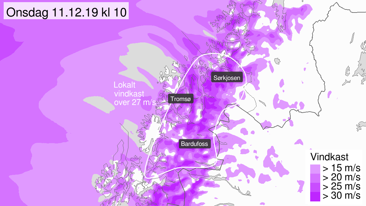 Kraftige vindkast, gult nivå, Troms, 11 December 04:00 UTC til 11 December 14:00 UTC.