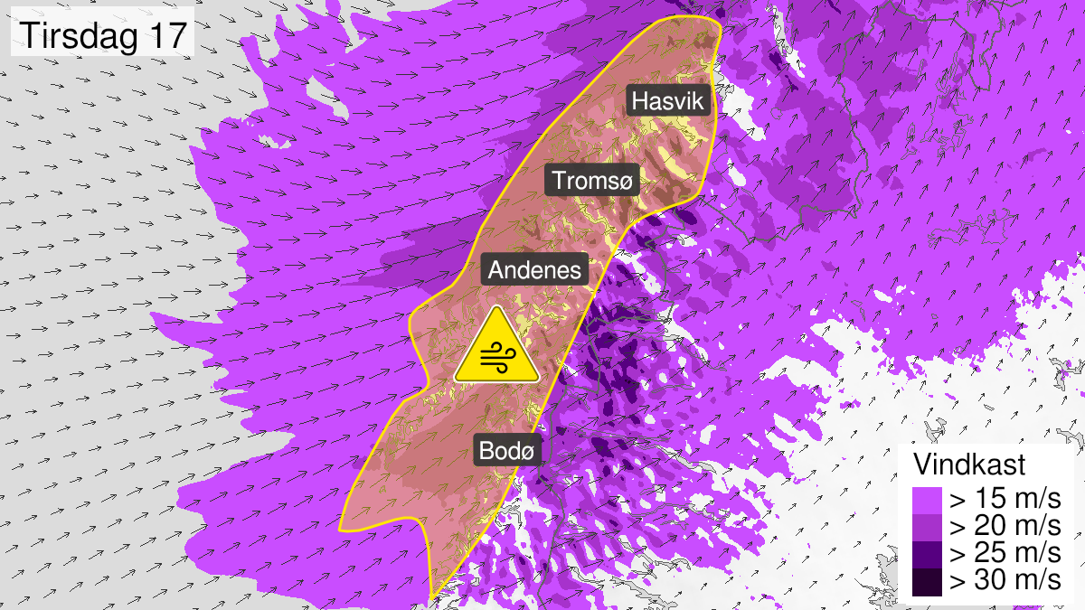 Map over Strong wind gusts, yellow level, Parts of Nordland, Troms and West-Finnmark, 2024-08-27T01:00:00+00:00, 2024-08-27T16:00:00+00:00