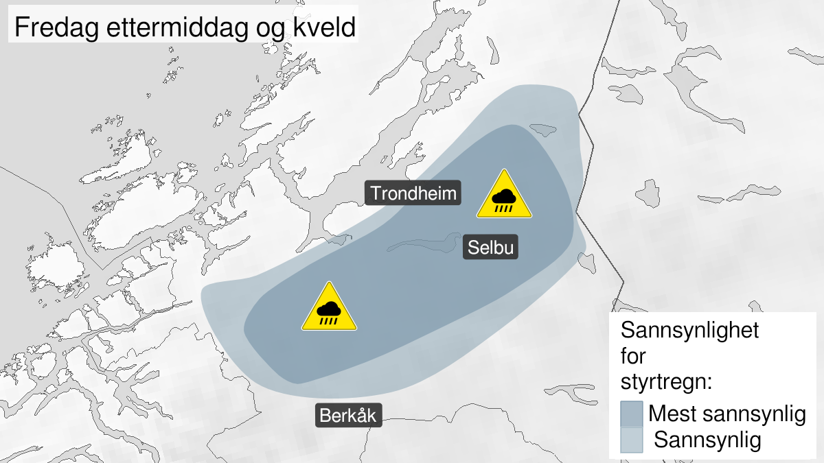 Map over Heavy rainshowers, yellow level, Parts of Trøndelag, 2024-08-30T12:00:00+00:00, 2024-08-30T19:00:00+00:00