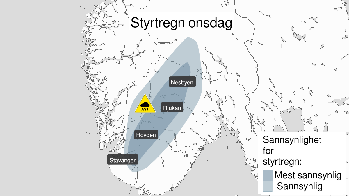 Kart over Styrtregn, gult nivå, Deler av Østlandet, Agder og Vestlandet, 2023-08-02T14:00:00+00:00, 2023-08-02T20:00:00+00:00