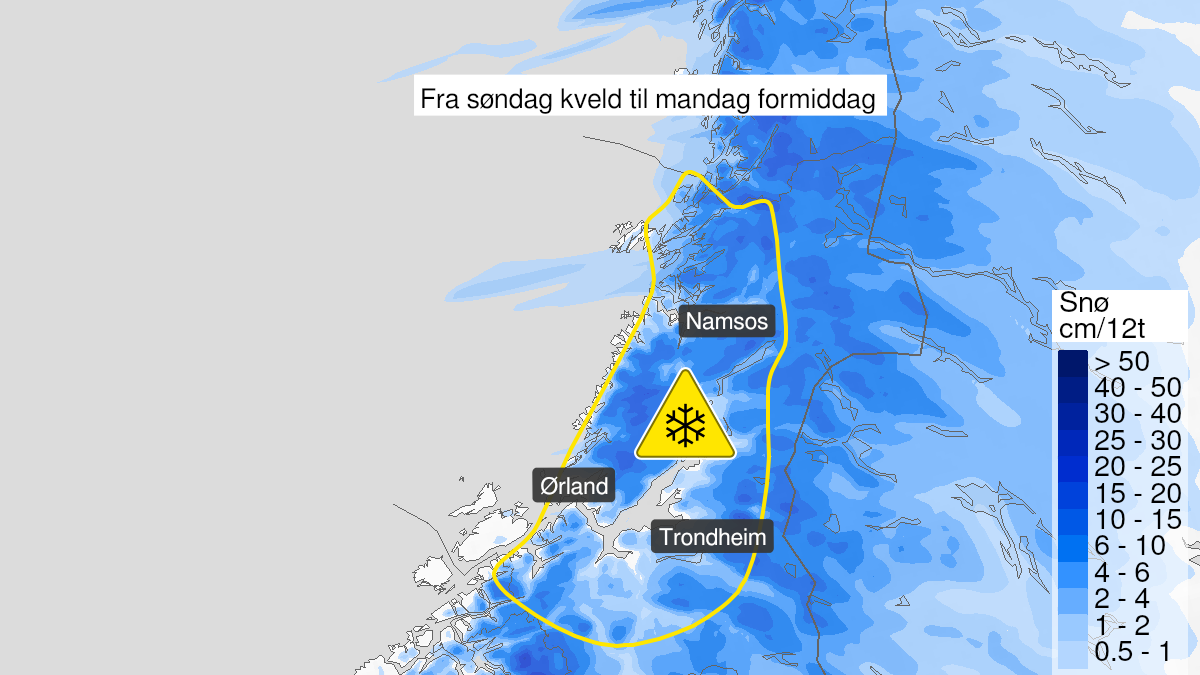Map of snow, yellow level, Trøndelag, 21 November 20:00 UTC to 22 November 09:00 UTC.