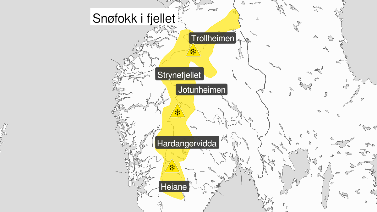Map of blowing snow, yellow level, Fjellet i Soer-Norge, 01 January 13:00 UTC to 02 January 03:00 UTC.