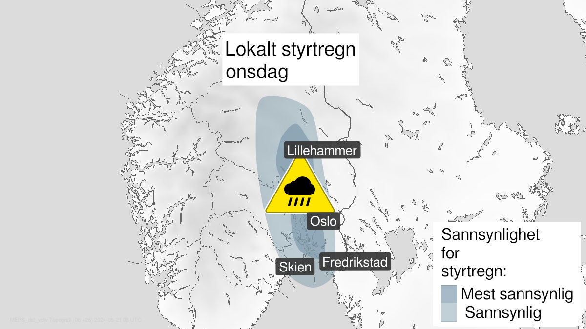 Map over Downgraded alert warning for rain flood, Oslofjord area