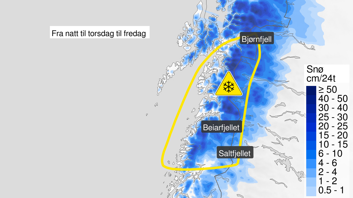 Kart over Snø, gult nivå, Deler av Nordland, 2023-10-05T00:00:00+00:00, 2023-10-06T12:00:00+00:00