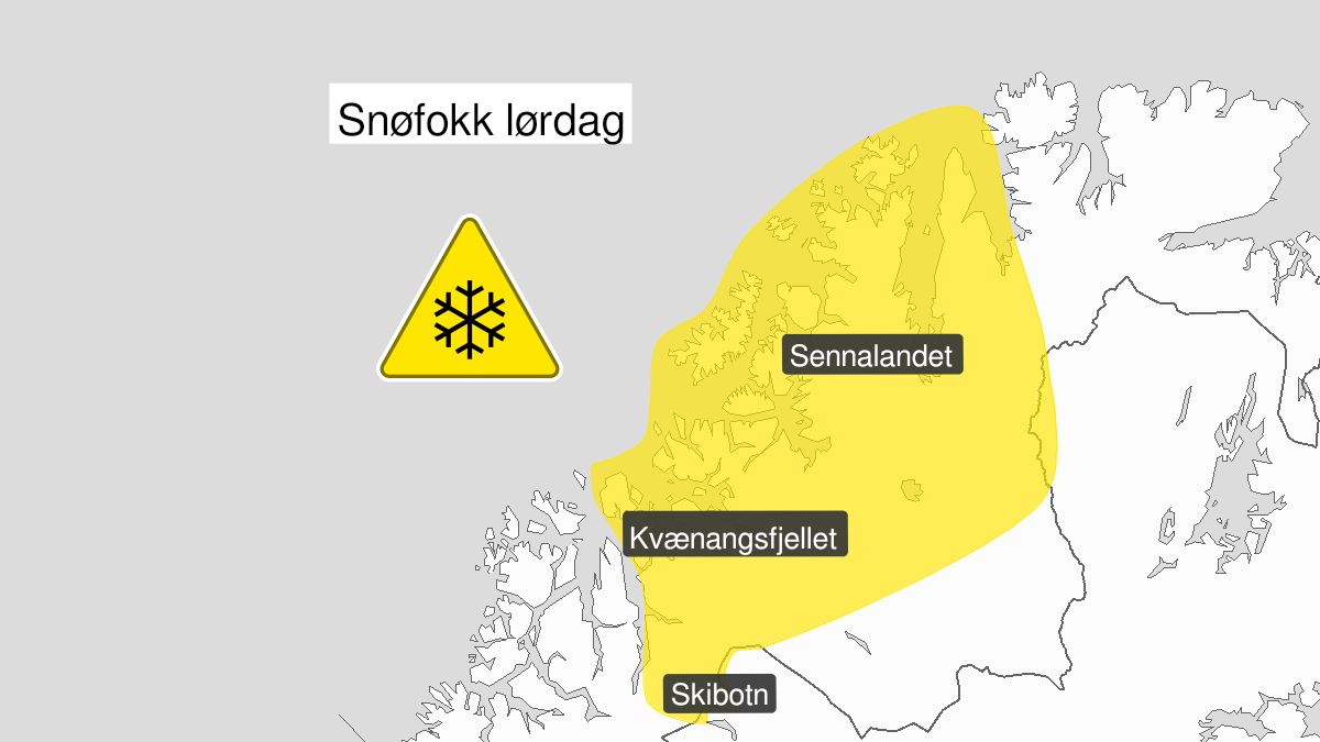 Kart over Kraftig snøfokk, gult nivå, Deler av Nord-Troms og Finnmark., 2023-02-11T04:00:00+00:00, 2023-02-12T02:00:00+00:00
