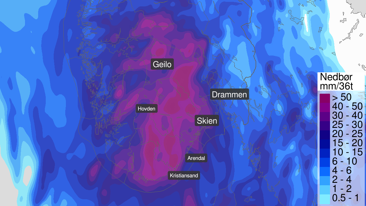 Heavy rain, yellow level, Agder, Telemark and Buskerud, 20 July 16:00 UTC to 21 July 18:00 UTC.