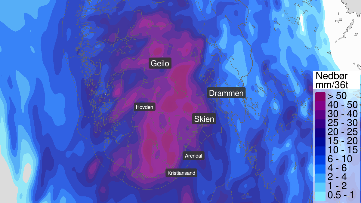 Mye regn, gult nivå, Agder, Telemark og Buskerud, 20 July 16:00 UTC til 21 July 18:00 UTC.