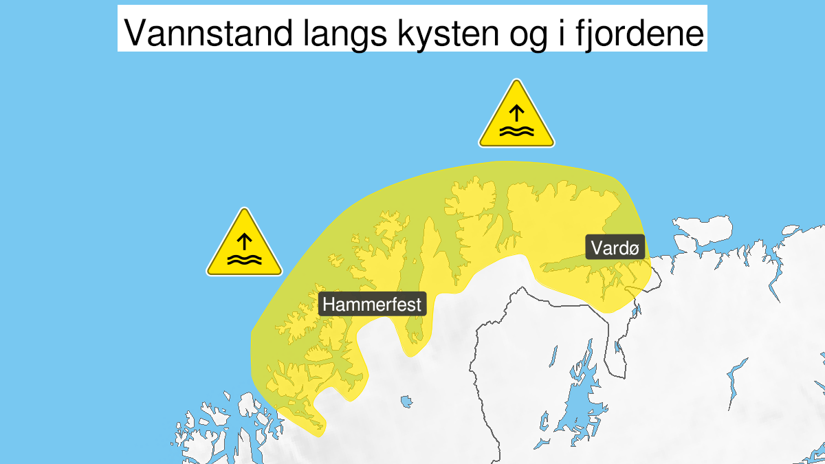Kart over Høy vannstand, gult nivå, Kyst og fjordstrøk i Finnmark, 2023-01-23T15:00:00+00:00, 2023-01-23T21:00:00+00:00