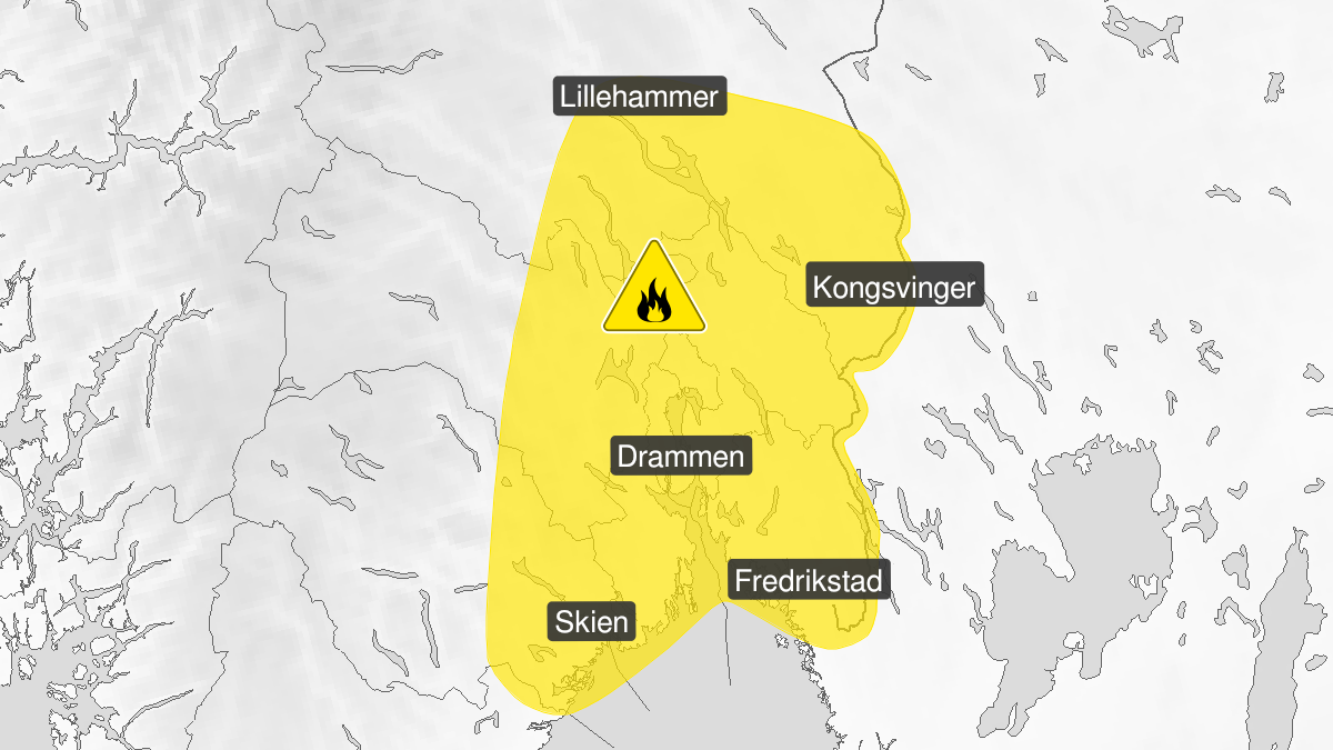 Map over Forest fire danger, yellow level, Parts of Østlandet, 2024-05-02T10:30:00+00:00, 2024-05-05T22:00:00+00:00