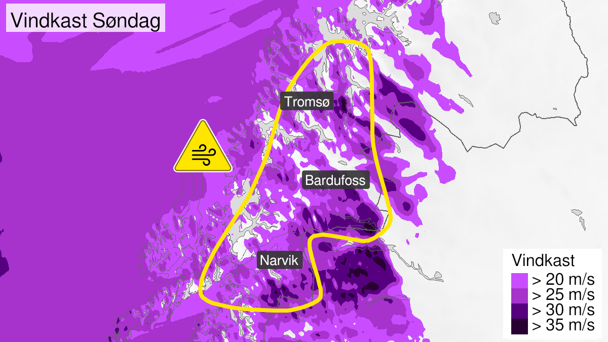 Kart over Kraftige vindkast, gult nivå, Nordøstligste deler av Nordland og store deler av Troms, 2023-02-12T10:00:00+00:00, 2023-02-13T06:00:00+00:00