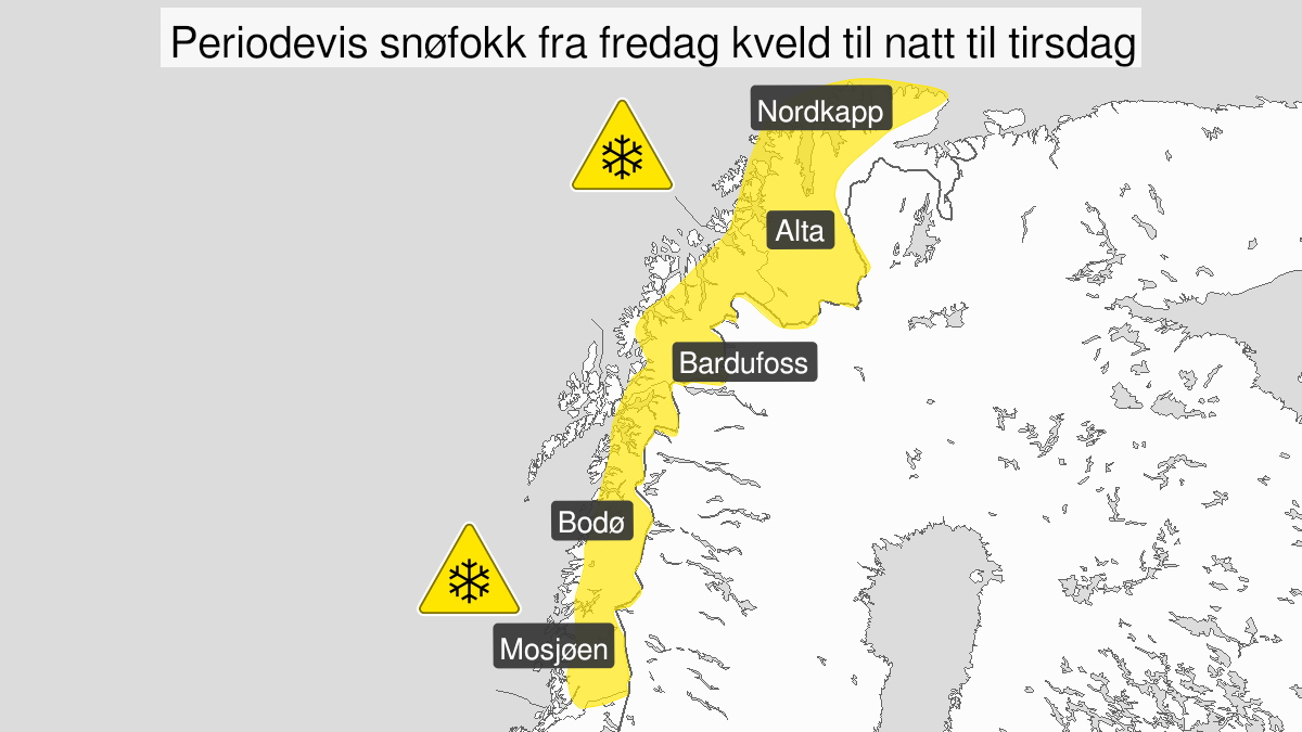 Kart over Kraftig snøfokk, gult nivå, Store deler av Nord-Norge, 2024-01-26T17:00:00+00:00, 2024-01-30T03:00:00+00:00
