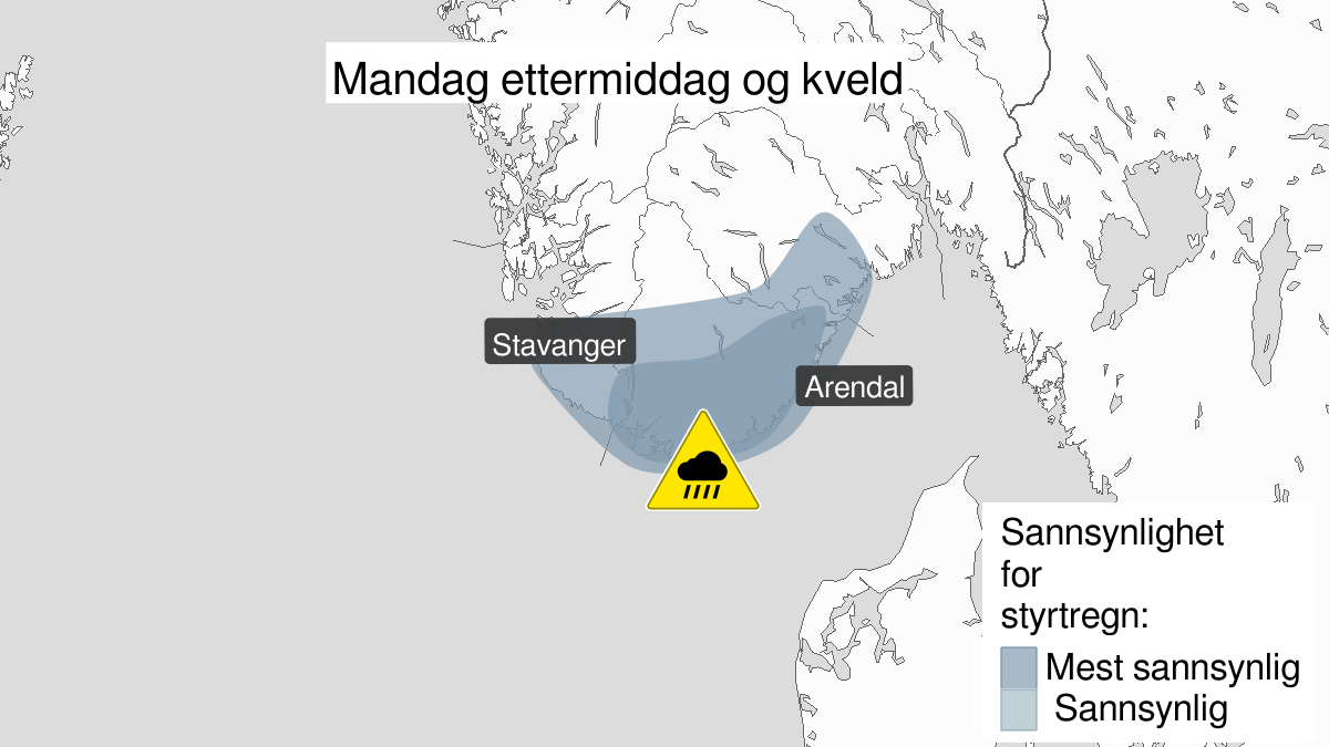Kart over Mulighet for svært kraftig styrtregn, gult nivå, Deler av Rogaland, Agder og Telemark, 2023-09-18T10:00:00+00:00, 2023-09-18T20:00:00+00:00