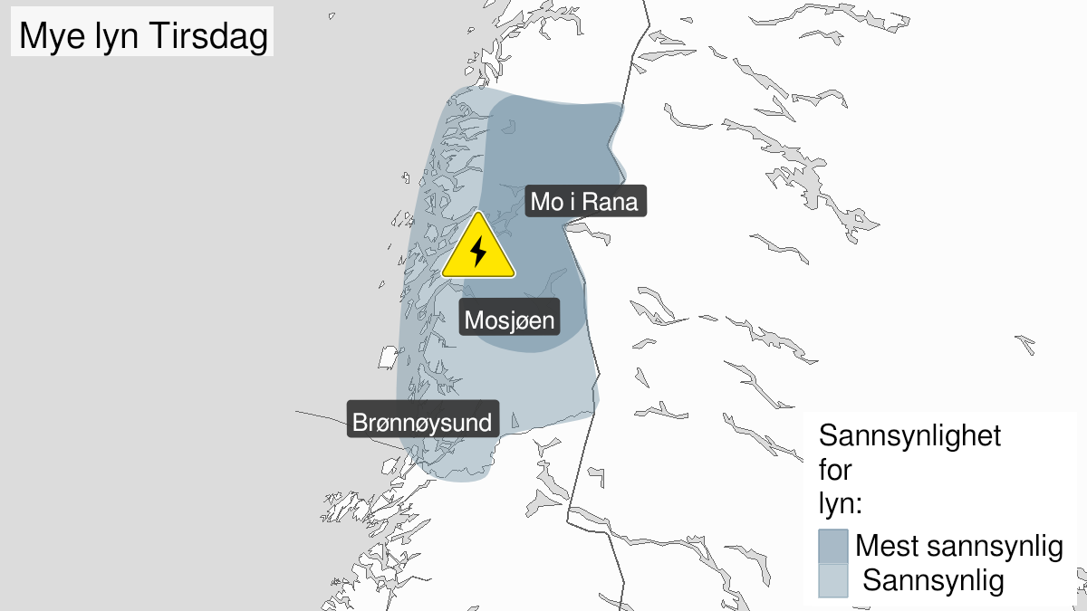 Kart over Mye lyn, gult nivå, Store deler av Helgeland, 2024-07-16T10:00:00+00:00, 2024-07-16T18:00:00+00:00
