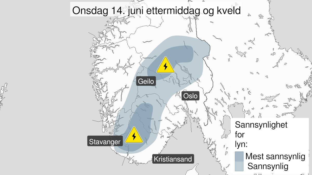 Kart over Mye lyn, gult nivå, Deler av Agder, Rogaland og Østlandet, 2023-06-14T14:00:00+00:00, 2023-06-14T19:00:00+00:00