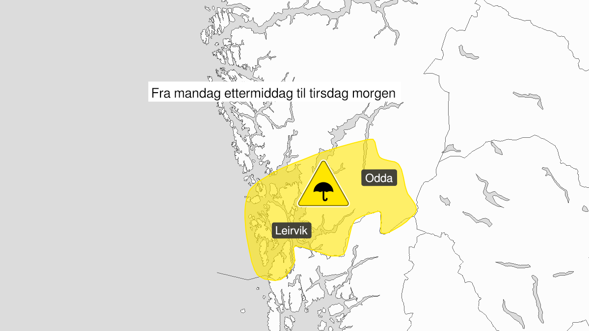 Kart over Mye regn, gult nivå, Deler av Hordaland, 2022-09-12T14:00:00+00:00, 2022-09-13T04:00:00+00:00