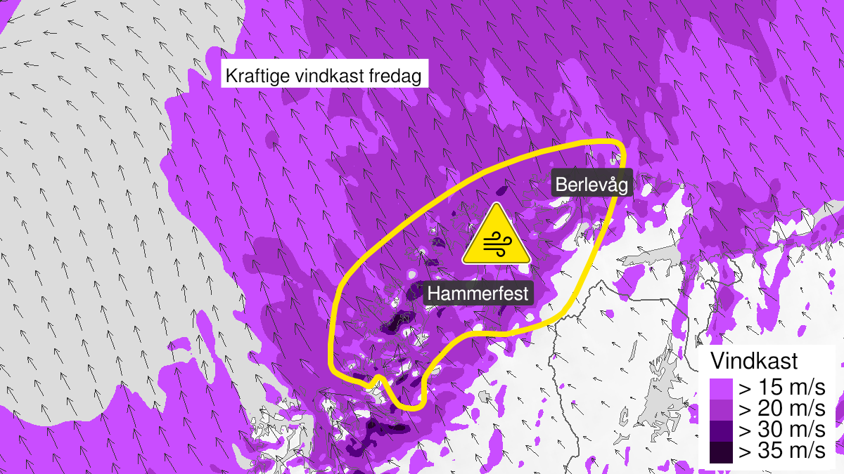 Kart over Kraftige vindkast, gult nivå, Deler av Finnmark, 2022-12-29T21:00:00+00:00, 2022-12-30T18:00:00+00:00