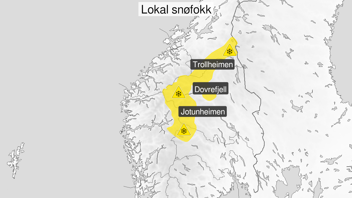 Map over Blowing snow, yellow level, Northern parts of the  mountains in South-Norway, 2023-12-26T17:00:00+00:00, 2023-12-27T09:00:00+00:00