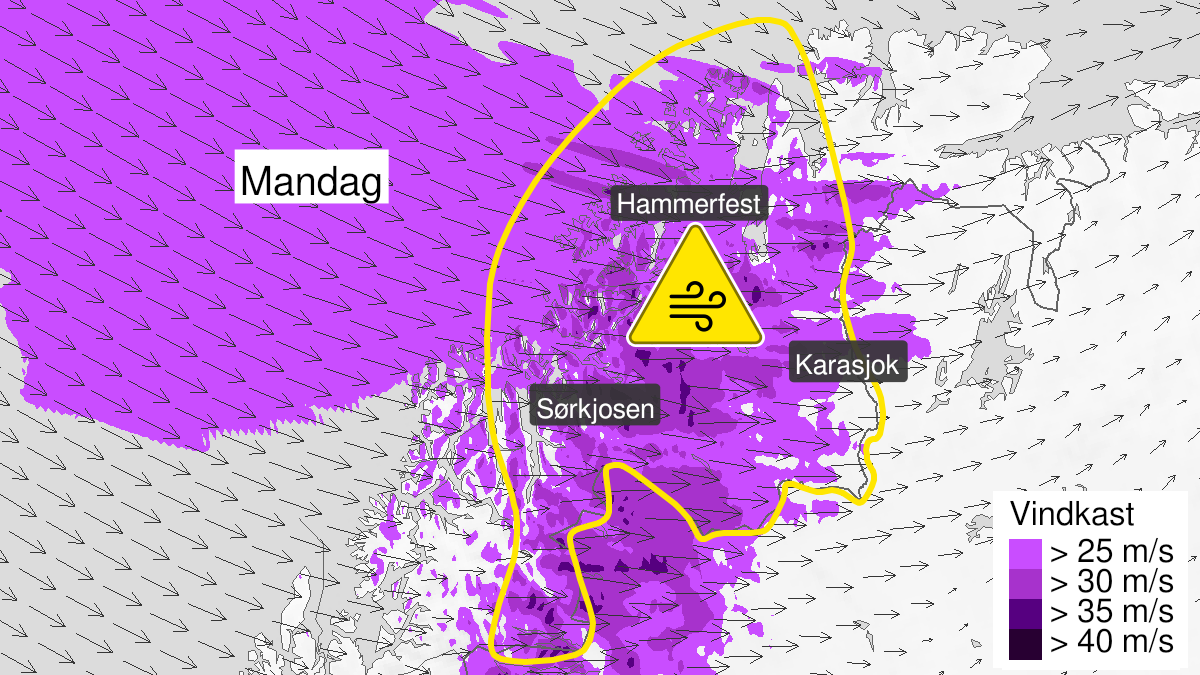 Kart over Kraftige vindkast, gult nivå, Deler av Troms og Finnmark, 2023-02-27T08:00:00+00:00, 2023-02-27T21:00:00+00:00