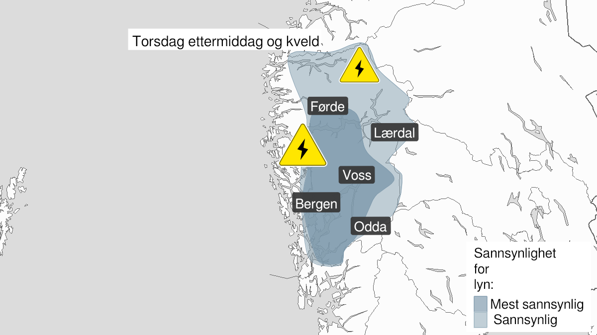 Kart over Mye lyn, gult nivå, Deler av Hordaland og Sogn og Fjordane, 2023-06-15T13:00:00+00:00, 2023-06-15T20:00:00+00:00