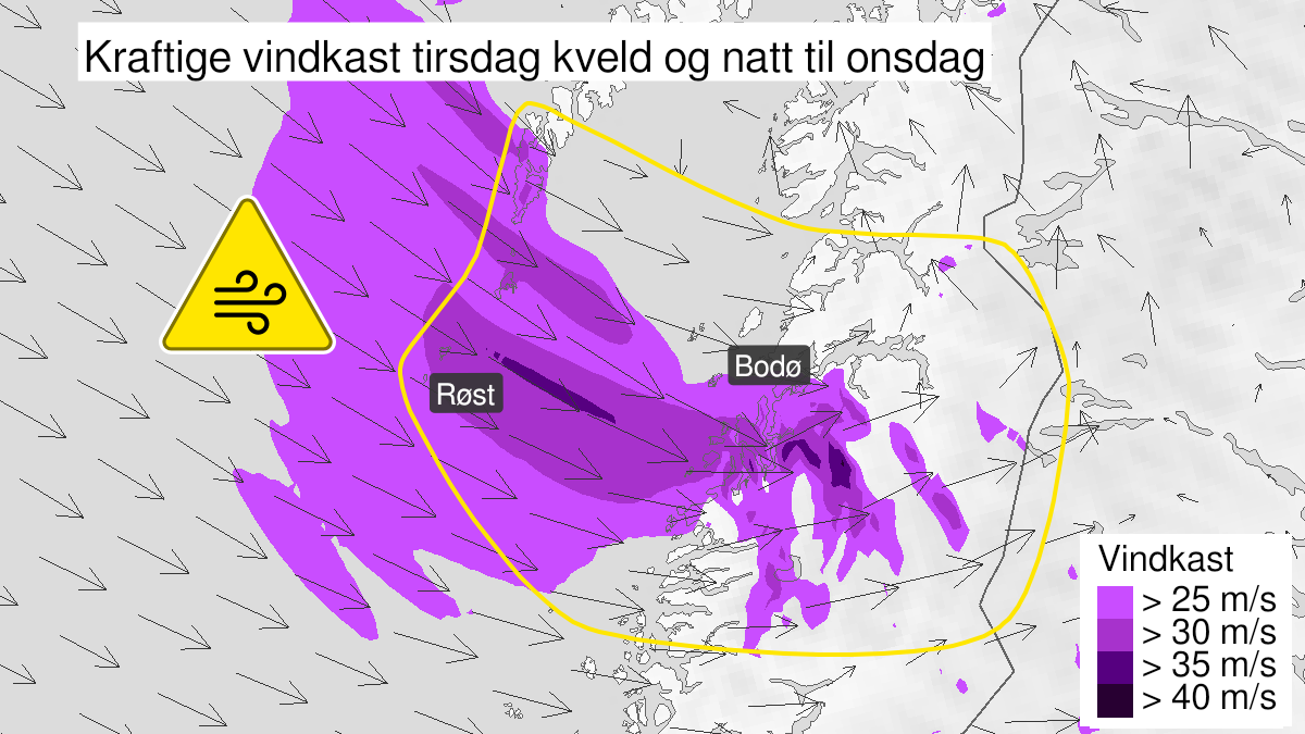 Kart over Kraftige vindkast pågår, gult nivå, Salten og sørlige Lofoten, 2022-12-27T23:50:00+00:00, 2022-12-28T02:00:00+00:00