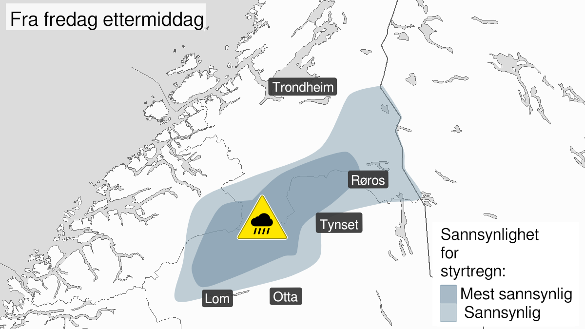 Kart over Nedgradert varsel for styrtregn, Deler av Midt-Norge og Innlandet