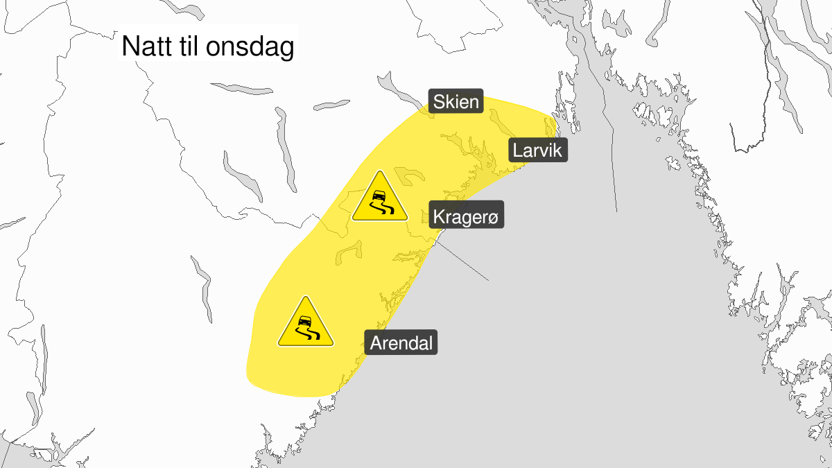 Kart over Is, gult nivå, Kysten av Agder og Telemark, 2023-01-03T20:00:00+00:00, 2023-01-04T03:00:00+00:00