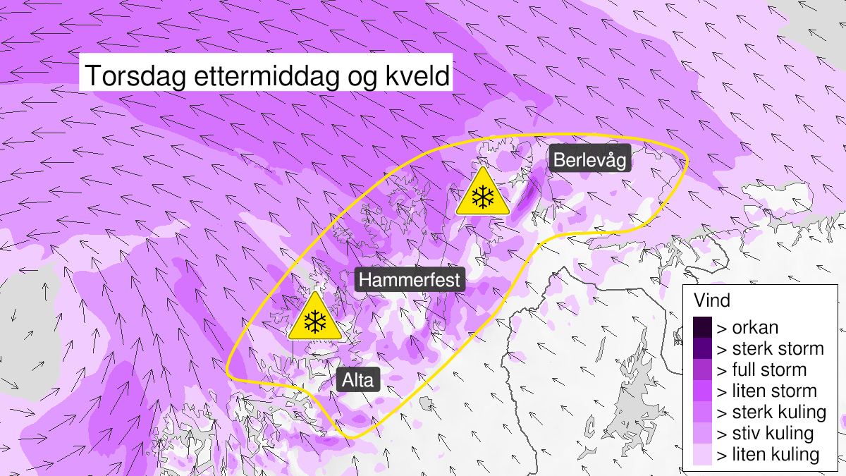 Map of blowing snow, yellow level, Kyst- and fjordstroekene i Finnmark, 28 October 13:00 UTC to 28 October 22:00 UTC.