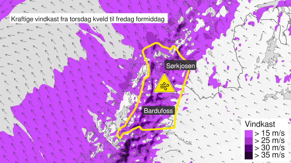 Kart over Kraftige vindkast, gult nivå, Deler av Troms, 2022-12-29T18:00:00+00:00, 2022-12-30T12:00:00+00:00