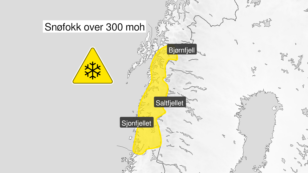 Kart over Kraftig snøfokk, gult nivå, Deler av Nordland, 2023-12-21T09:52:00+00:00, 2023-12-22T00:00:00+00:00