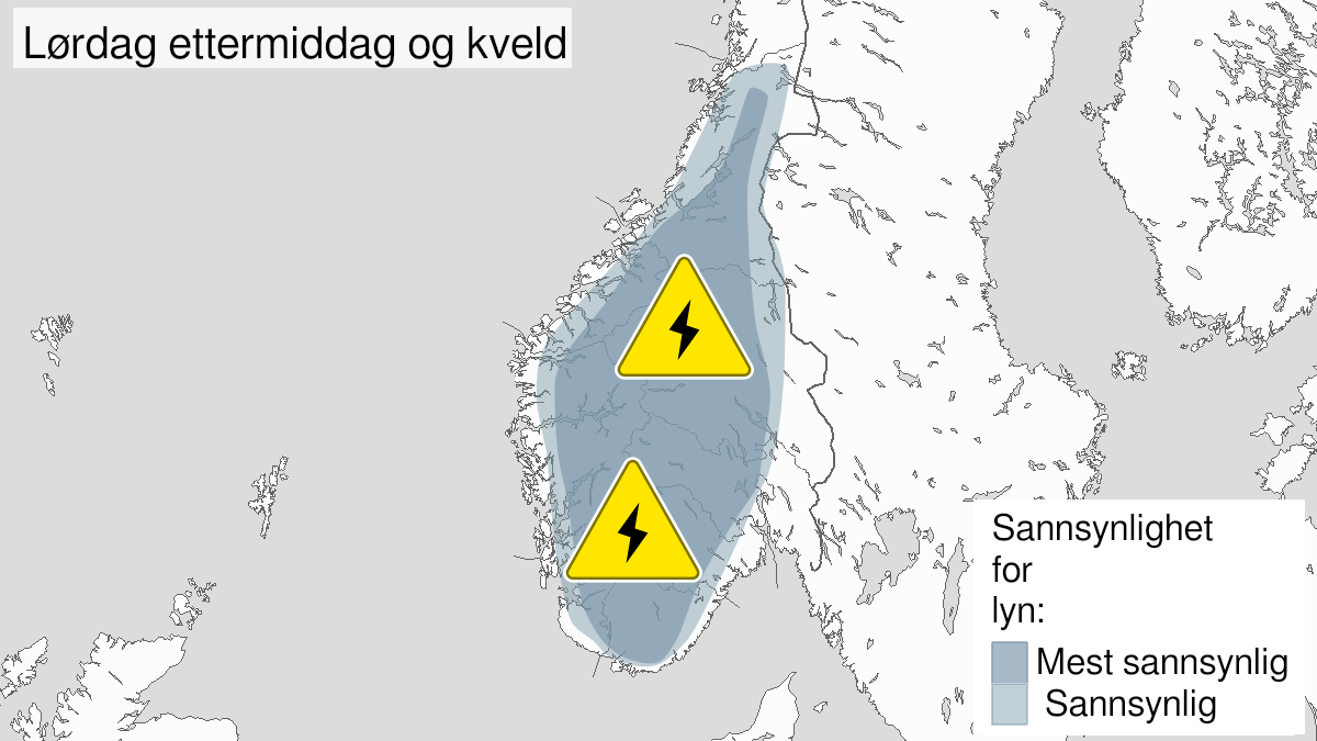Kart over Nedgradert varsel for mye lyn, Store deler av Sør-Norge