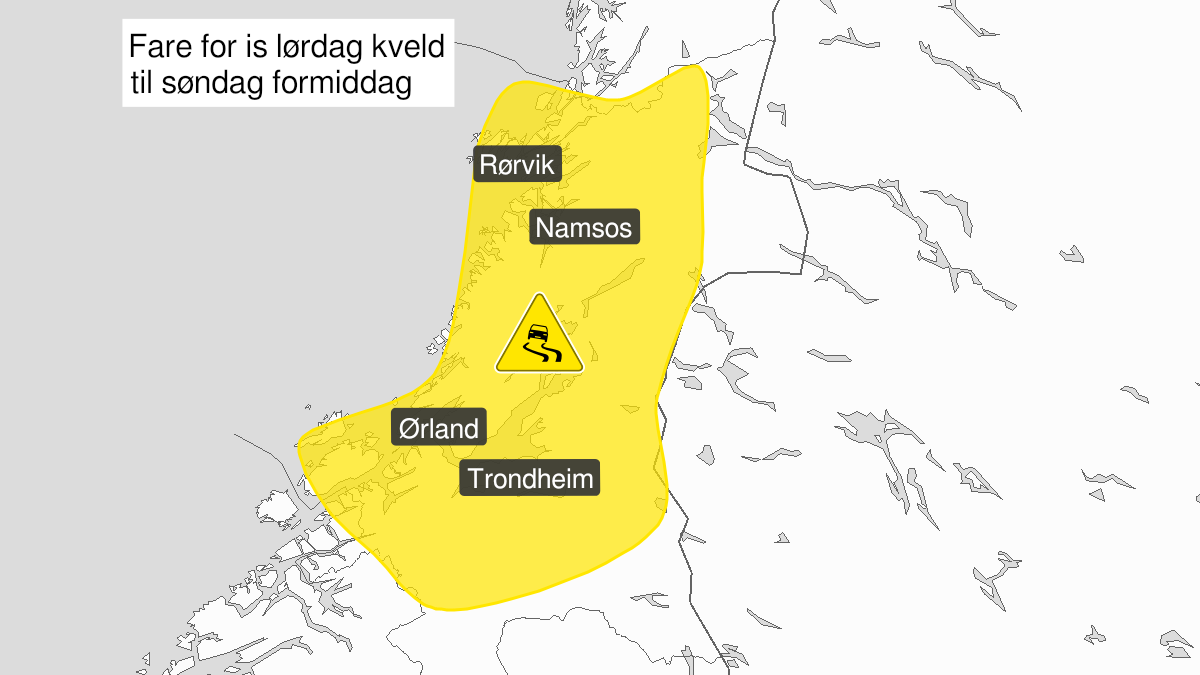 Kart over is, gult nivå, Trøndelag, 01 January 18:00 UTC til 02 January 10:00 UTC.