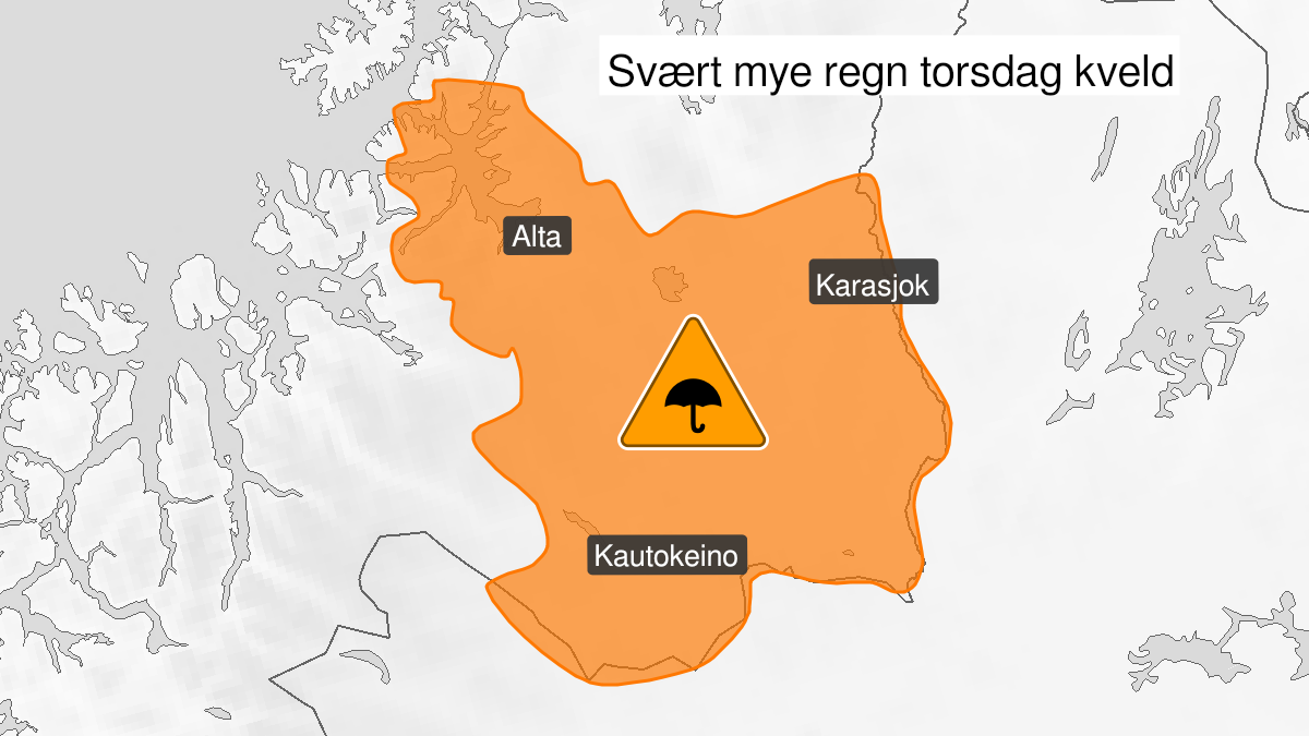 Map over Very heavy rain, orange level, Alta, Karasjok and Kautokeino municipalities, 2022-07-14T18:00:00+00:00, 2022-07-15T01:00:00+00:00