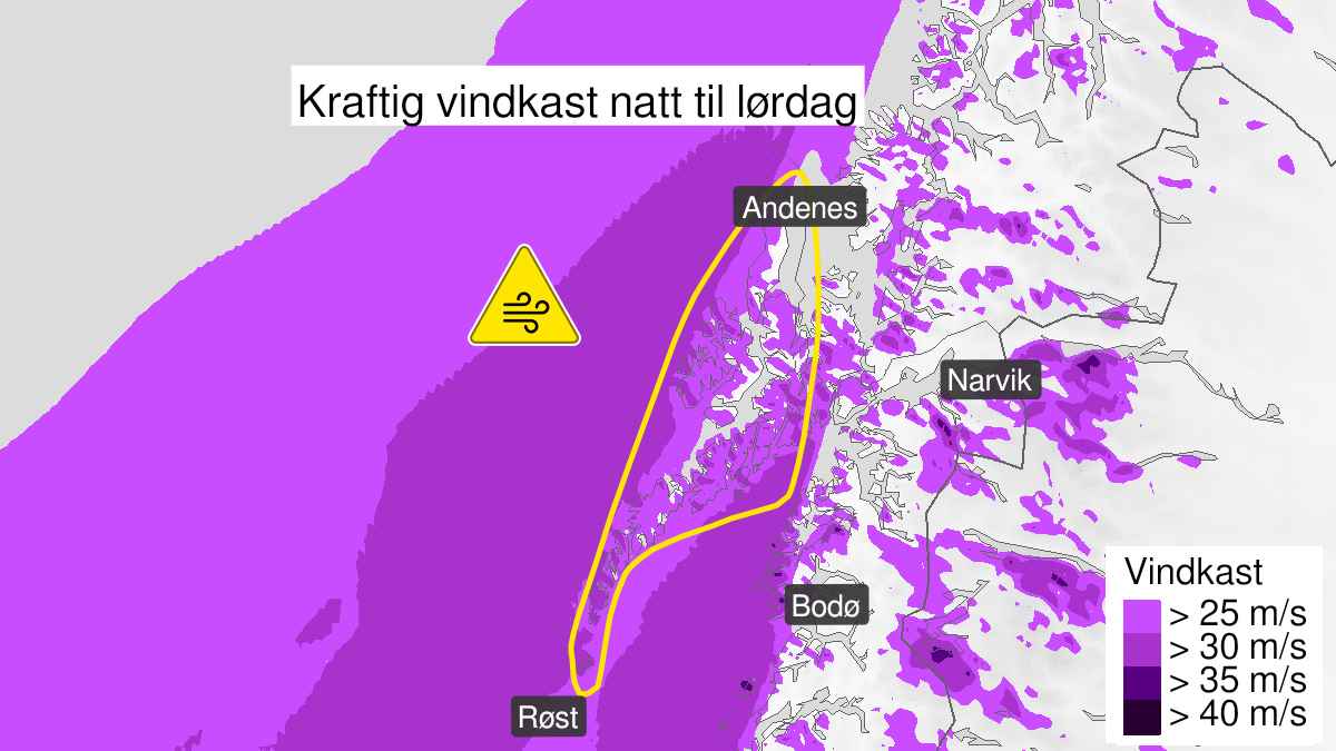 Kart over kraftige vindkast, gult nivå, Lofoten og Vesterålen, 19 March 00:00 UTC til 19 March 09:00 UTC.