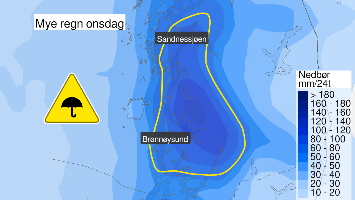 Kart over Mye regn, gult nivå, ytre strøk av Sør-Helgeland, 2022-08-10T00:00:00+00:00, 2022-08-11T00:00:00+00:00