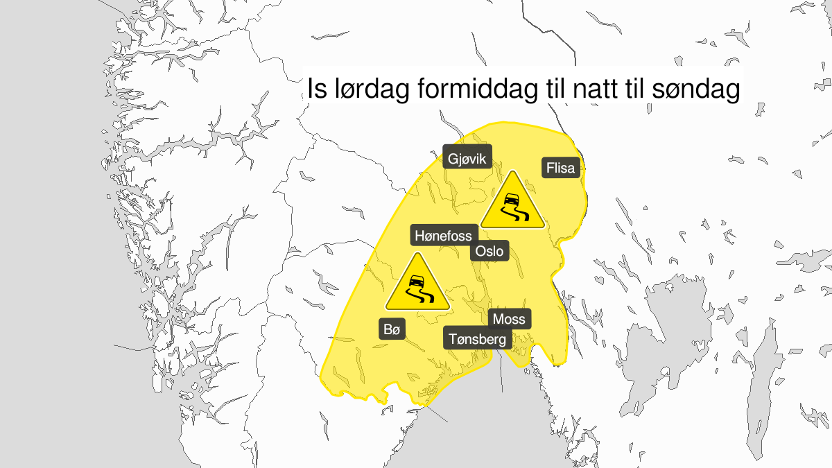 Kart over Is, gult nivå, Deler av Østlandet, 2023-01-07T09:00:00+00:00, 2023-01-08T02:00:00+00:00