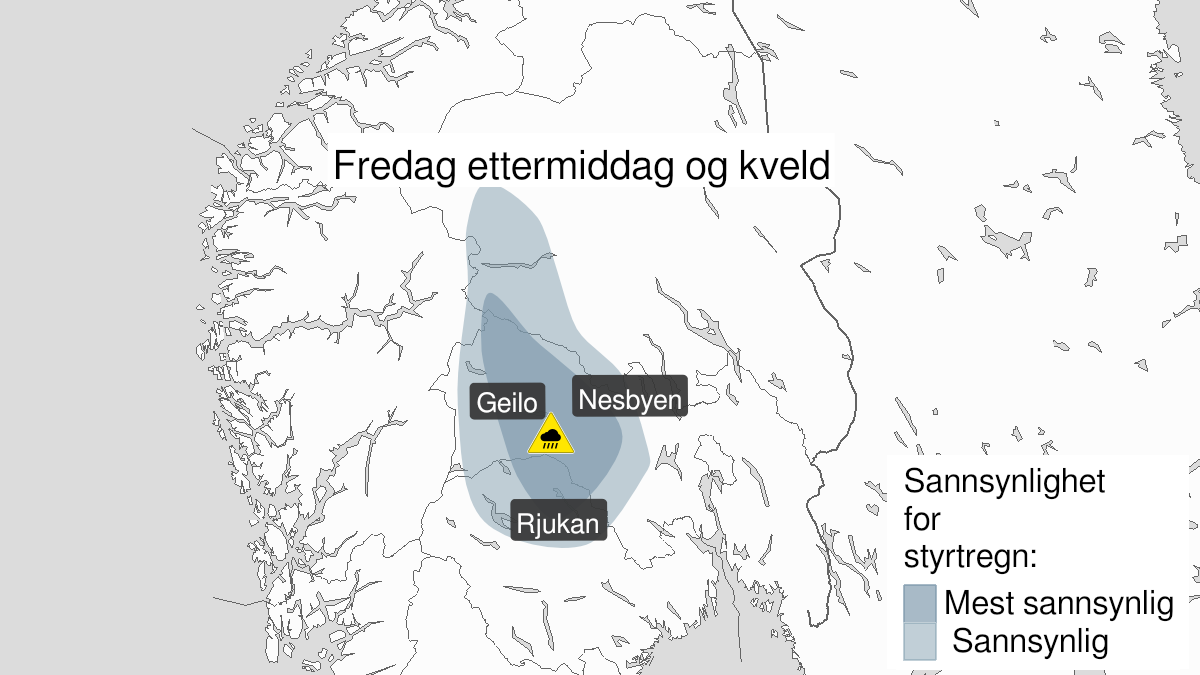 Kart over styrtregn, gult nivå, Telemark, Buskerud og Oppland, 20 May 12:00 UTC til 20 May 23:00 UTC.